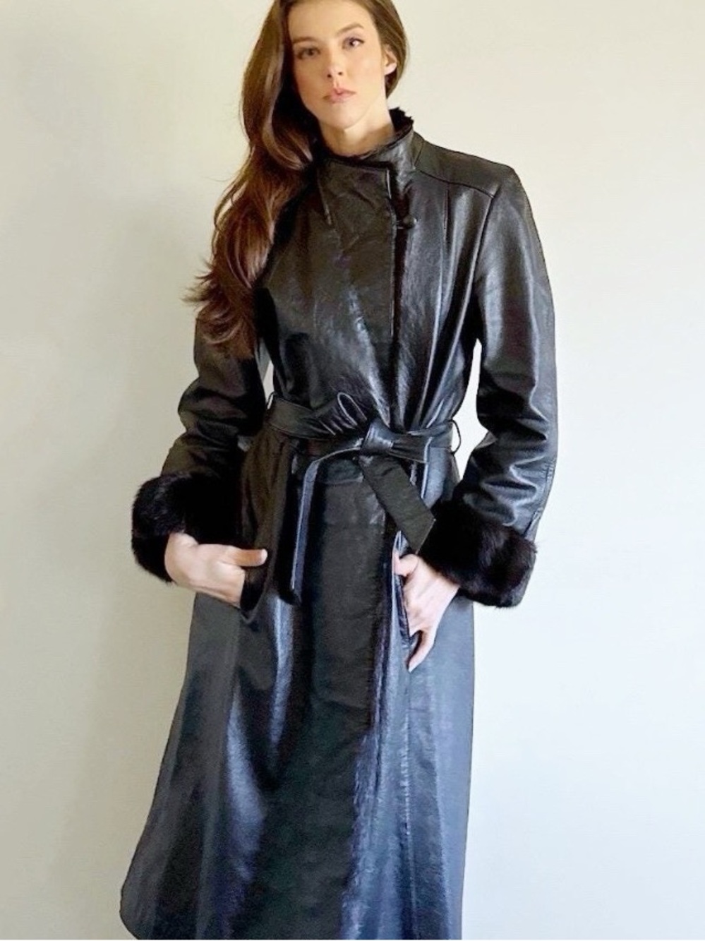 90s Vintage Black Leather Trench Coat with High Neck Funnel Collar and Fur Cuffs
